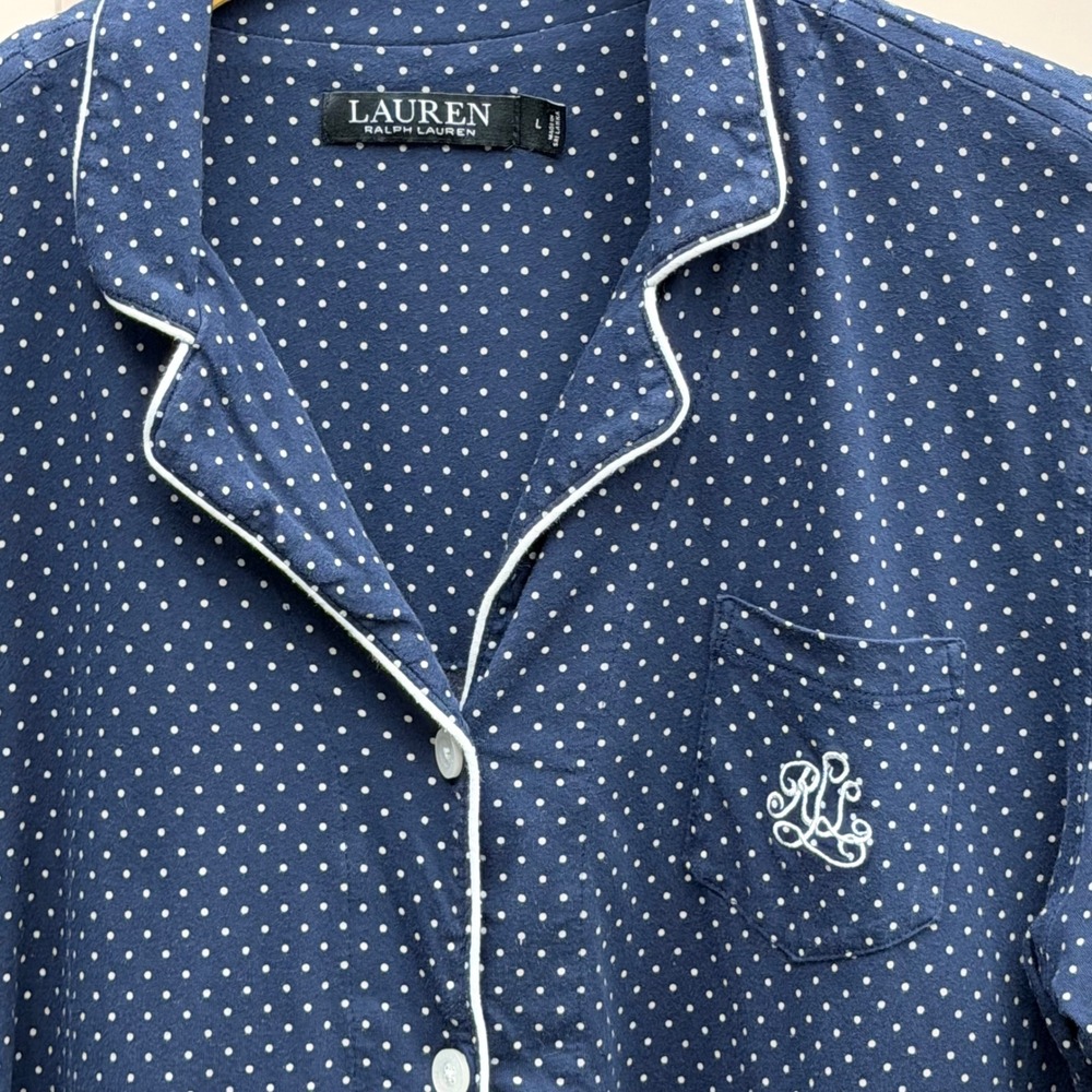 Ralph Lauren Polka Dot 100% Cotton Sleep Shirt Large Nightgown Navy Soft Lounge - Picture 4 of 9